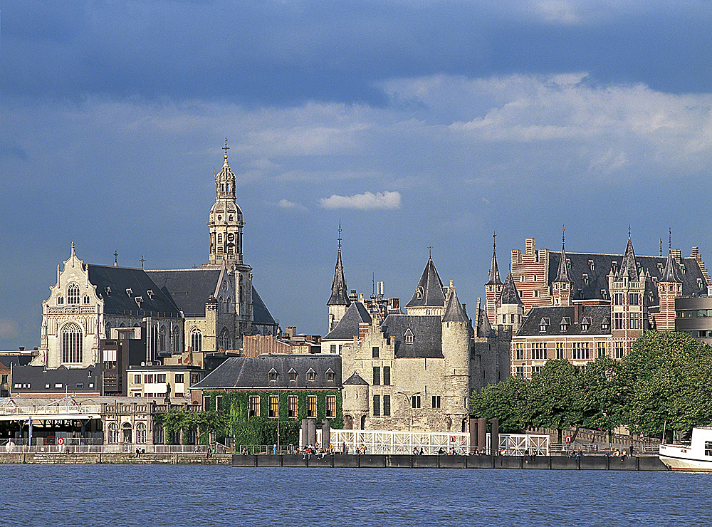 ANTWERP, St. Paul church ans Steen from the left bank of the Schledt