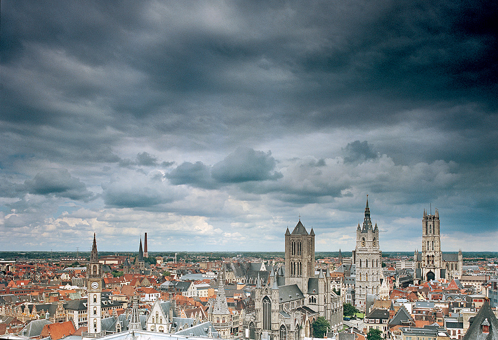 GHENT, former post office, the Romanesque church of St James, St Nicholas' church, belfry ans St Bavo's cathedral