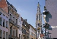 ANTWERP, the Oude Koornmarkt street and the tower of the Cathedral
